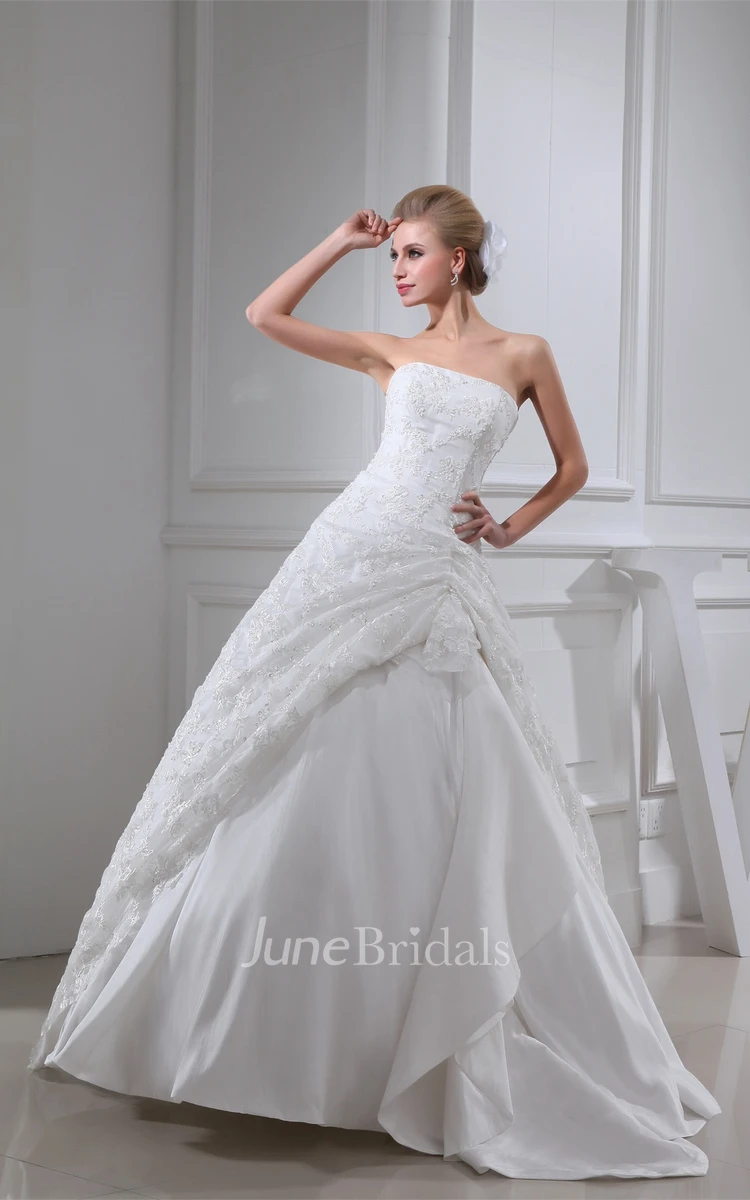 Strapless Appliqued Ball Gown with Ruching and Side Draping