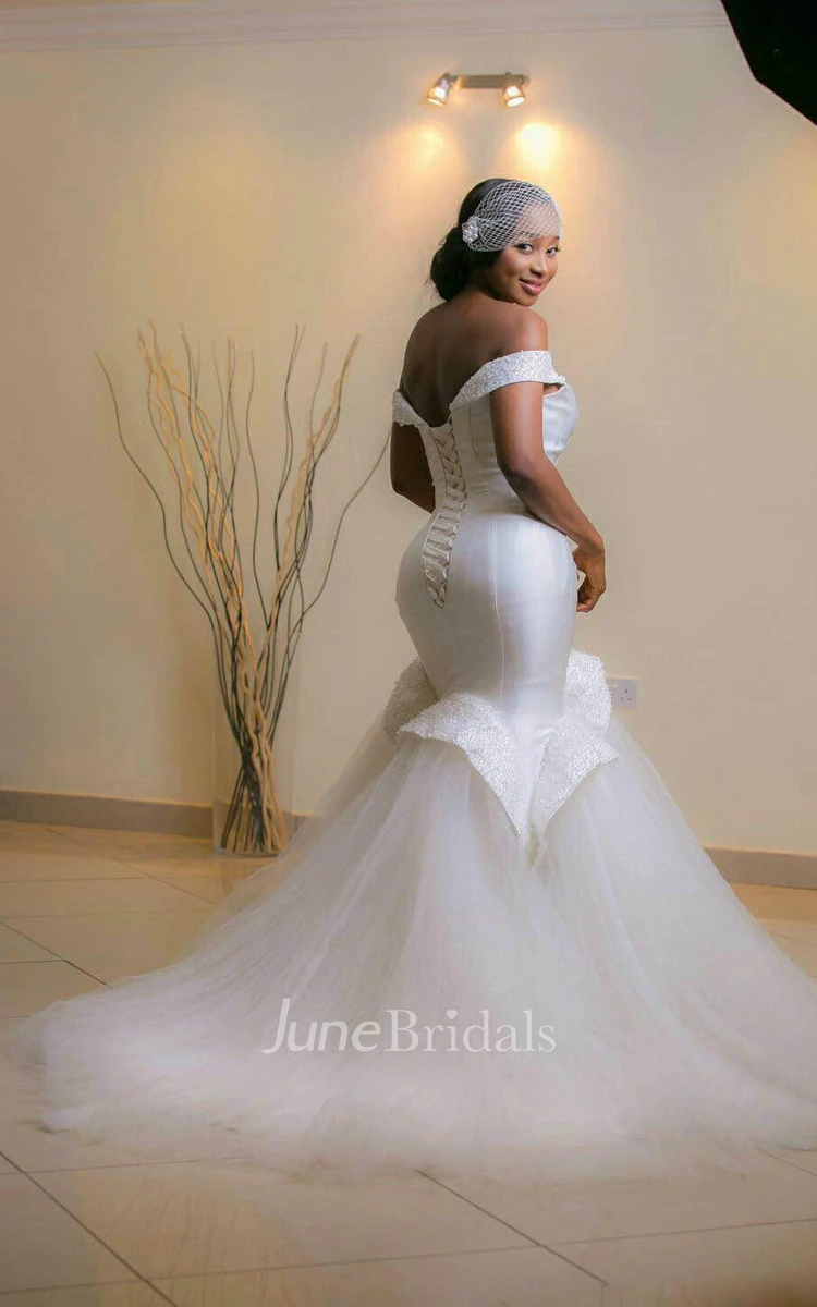 Mermaid Off-The-Shoulder Tulle Satin Wedding Dress With Corset Back