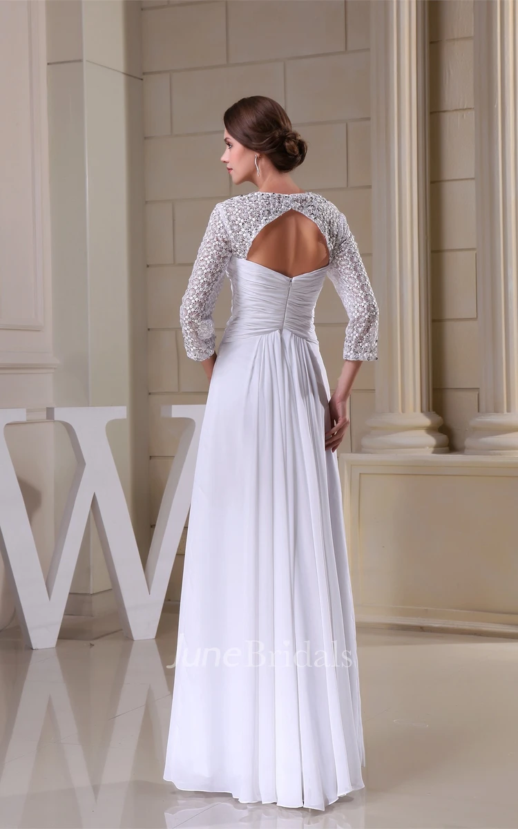 Long-Sleeve Criss-Cross Pleated Dress with Appliques and Keyhole Back