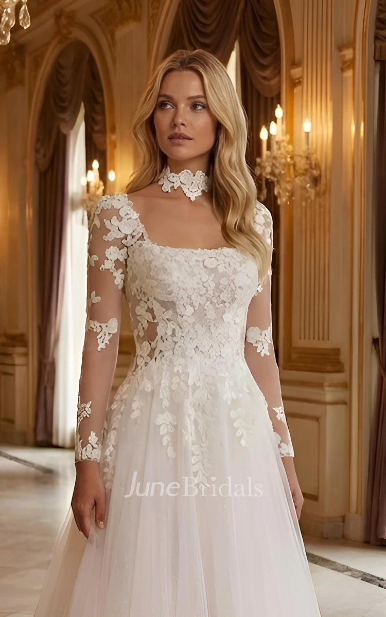 Modern Square Neck Lace Wedding Dress Long Sleeves Flowy A-Line Gown with Open Back