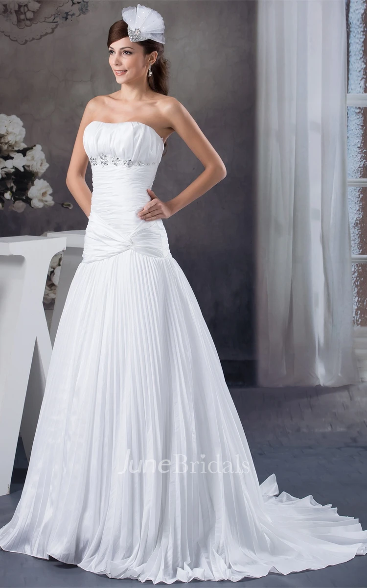 Strapless Pleated A-Line Dress with Beading and Ruched Top