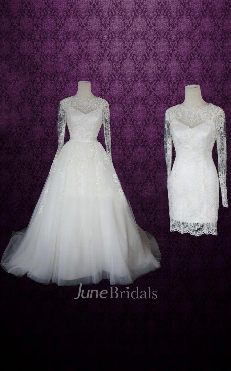 A-Line Lace Wedding Dress With Removable Skirt And Long Sleeves