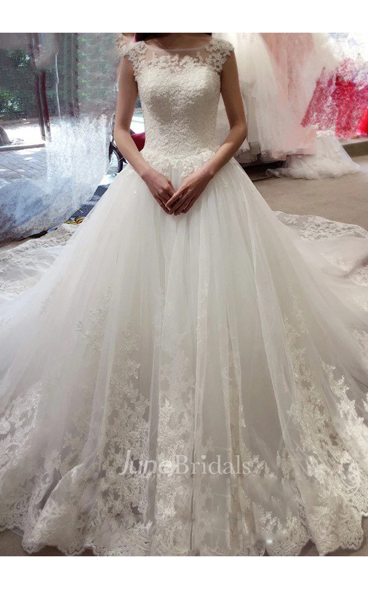 Appliqued Cap Sleeve Tulle Ball Gown Wedding Dress