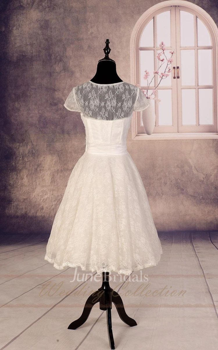 Sheer Lace Wedding Tea Length Wedding Garden Bridal Wedding Gown