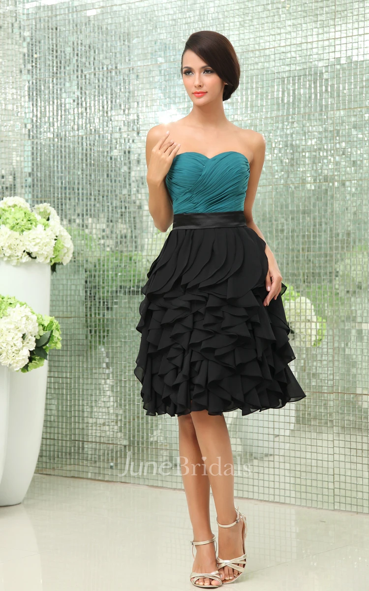 Sweetheart Sleeveless Blend Color Dress With Ruching And Cascading Ruffles