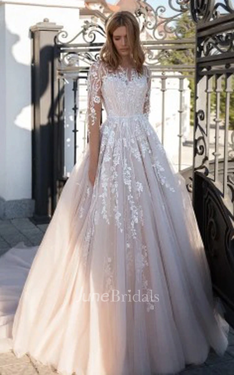 Simple Jewel Long Sleeve Brush Train Tulle Ball Gown Wedding Dress with Appliques