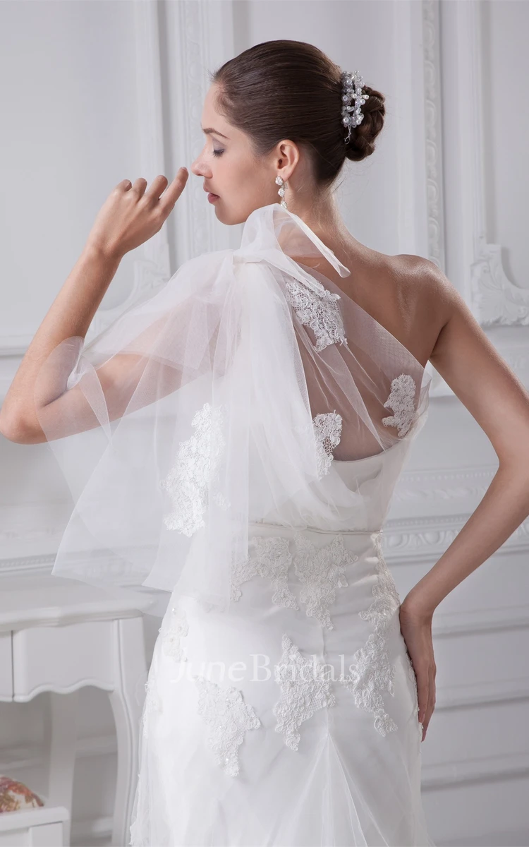One-Shoulder Tulle Appliqued Dress with Trumpet Silhouette