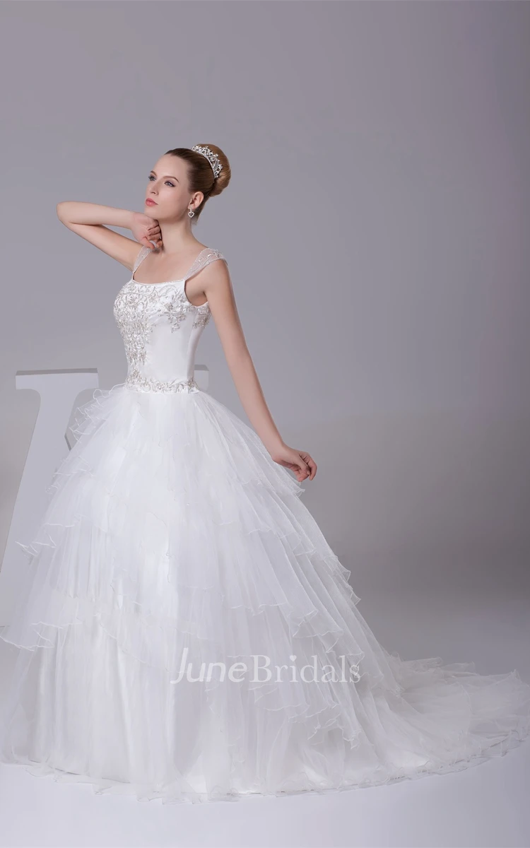 Strapped Tulle Ball Gown with Embroideries and Illusion