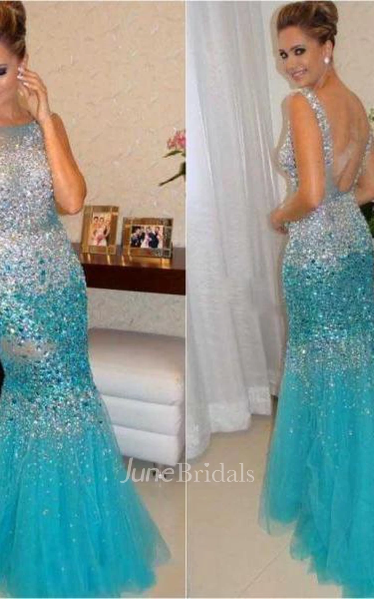 Glamorous Sleeveless Beadings Crystals Prom Dresses Mermaid Tulle Party Gowns