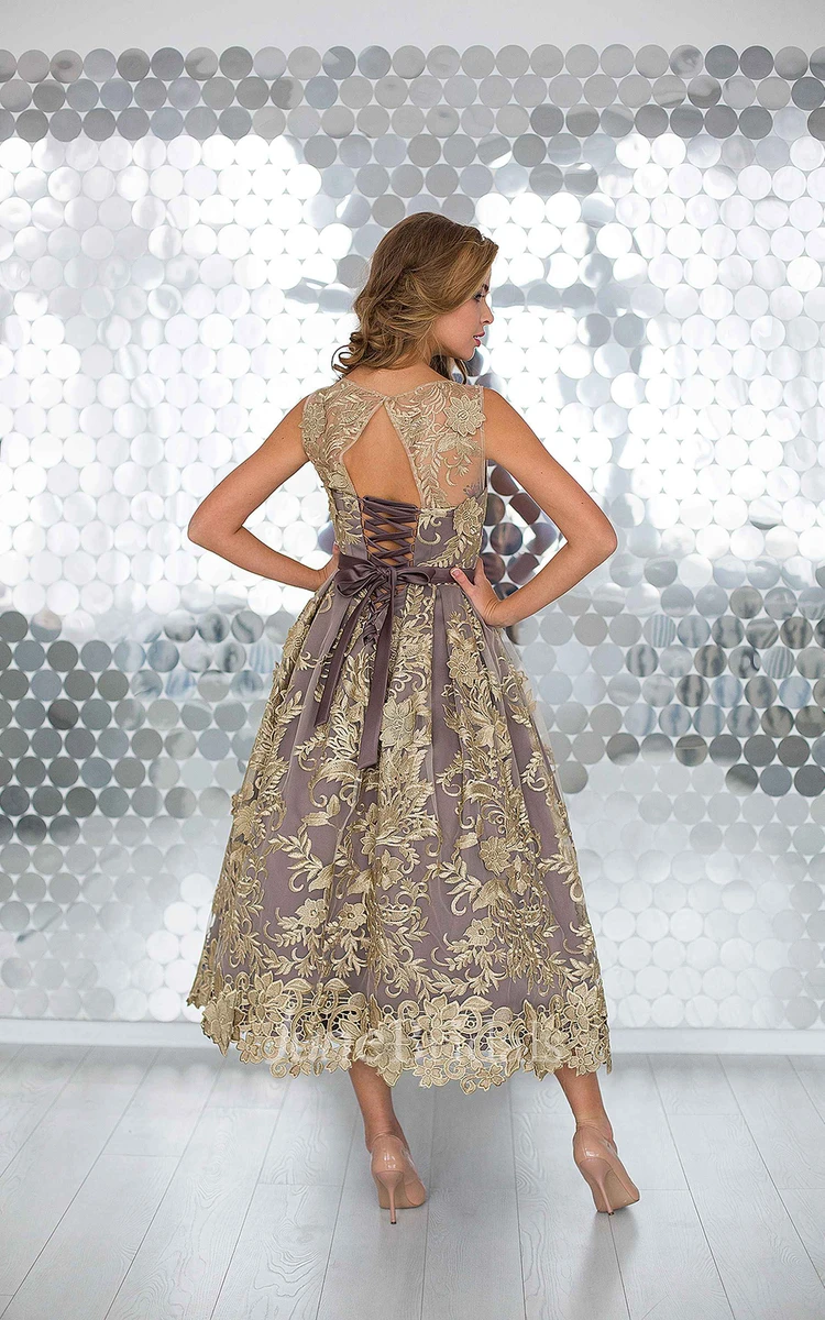 A-Line Anckle-Length Jewel Sleeveless Lace Pleats Sash Keyhole Dress