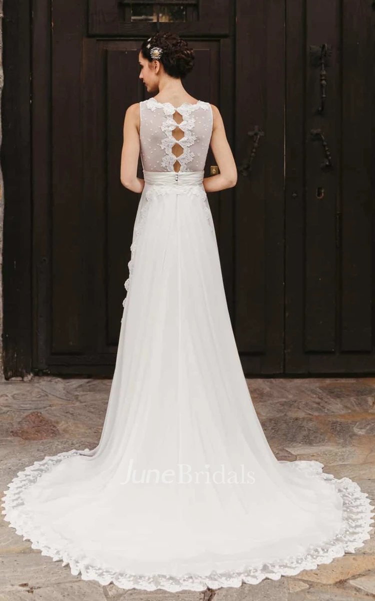 Romantic A-Line V-neck Chiffon Wedding Dress With Button Back And Chapel Train