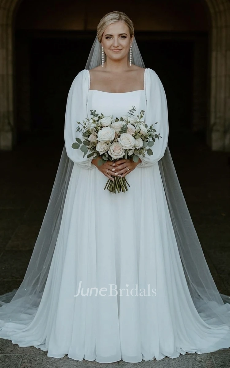 Simple Modest Plus Size Long Sleeve Spring Wedding Dress Casual Flattering A-Line Chiffon Bridal Gown