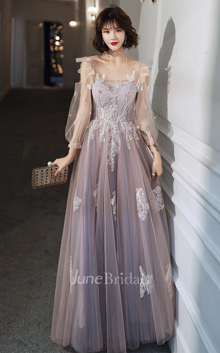 Bohemian Tulle V-neck A Line Prom Evening Dress With Appliques and Ruffles