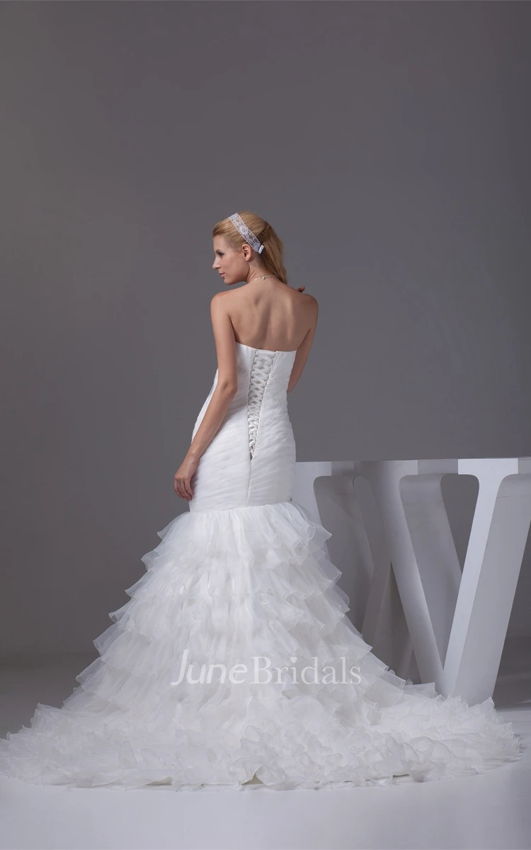 Strapless Tiered Tulle Dress with Ruching and Broach