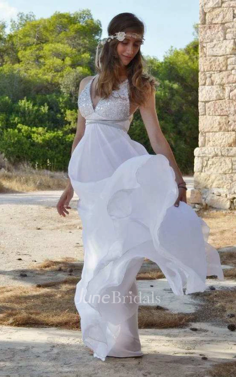 Plunged Sleeveless Chiffon Empire Wedding Dress With Beading And Draping