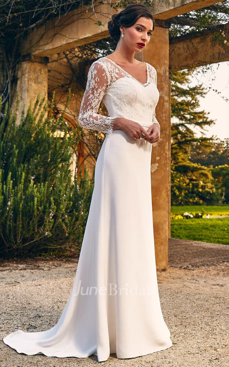 Modest Elegant Lace Satin Sheath V-neck Sweep Train Deep-V Back Wedding Dress