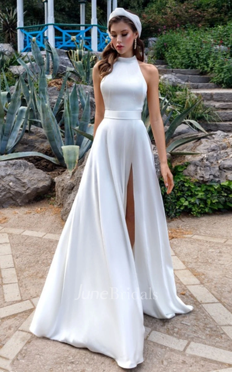 Simple Modest A-Line Halter Maxi Wedding Dress Formal Modern Casual Split Front Backless Satin Prom Party Evening Gown