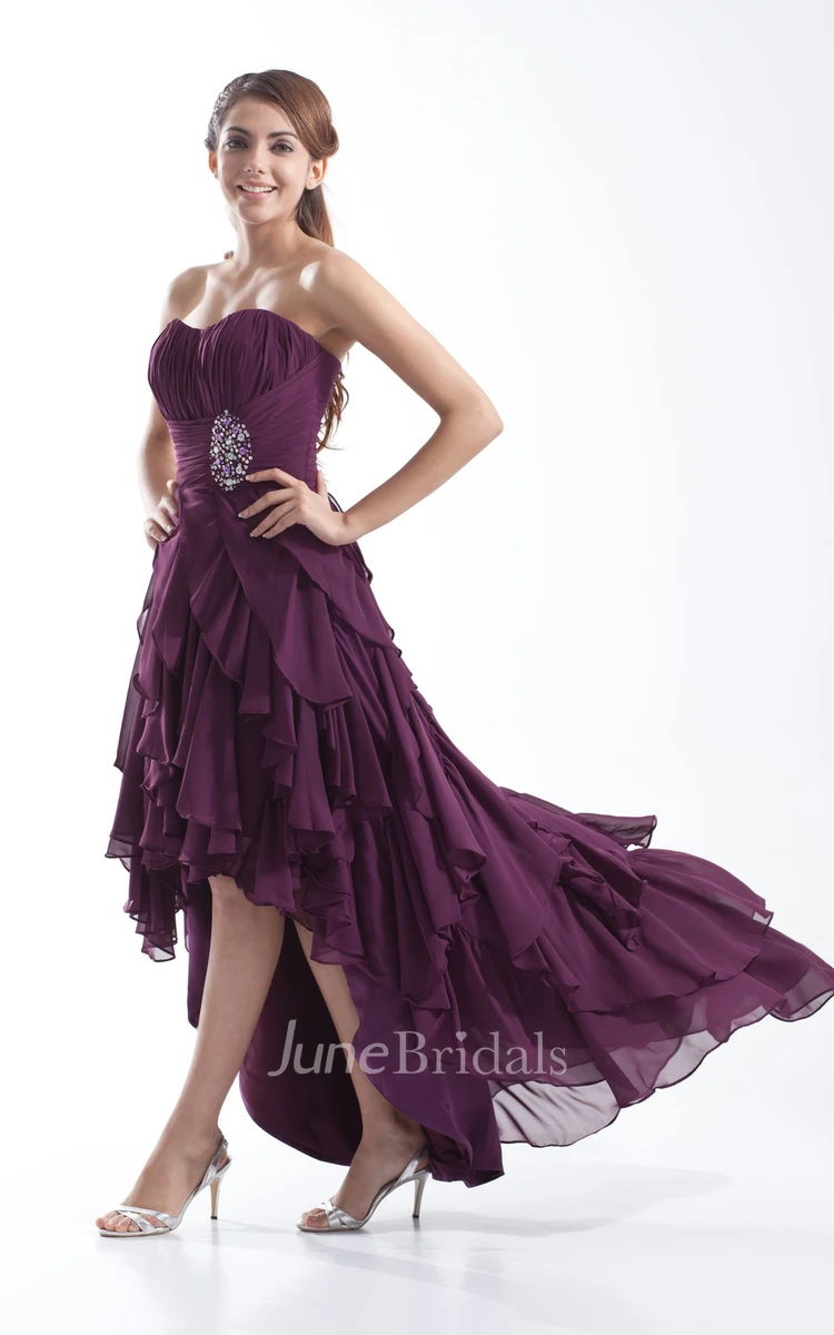 Sweetheart Sleeveless High-Low Dress With Crystal Detailing And Cascading Ruffles