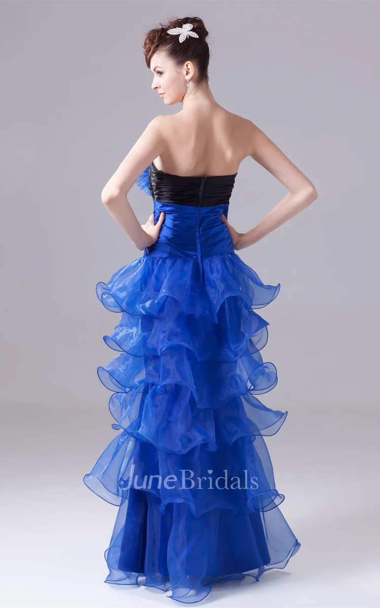 Ruched Strapless Maxi Gown with Tiers and Flower