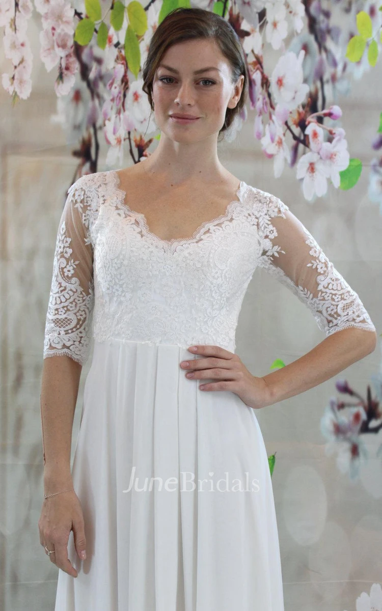 V-Neck Half Sleeve Lace and Chiffon Wedding Dress With Pleats