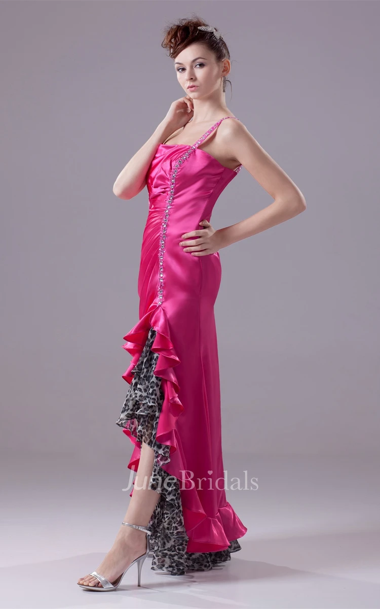 One-Shoulder Ruched Satin Front-Split Dress with Beading and Leopard Print