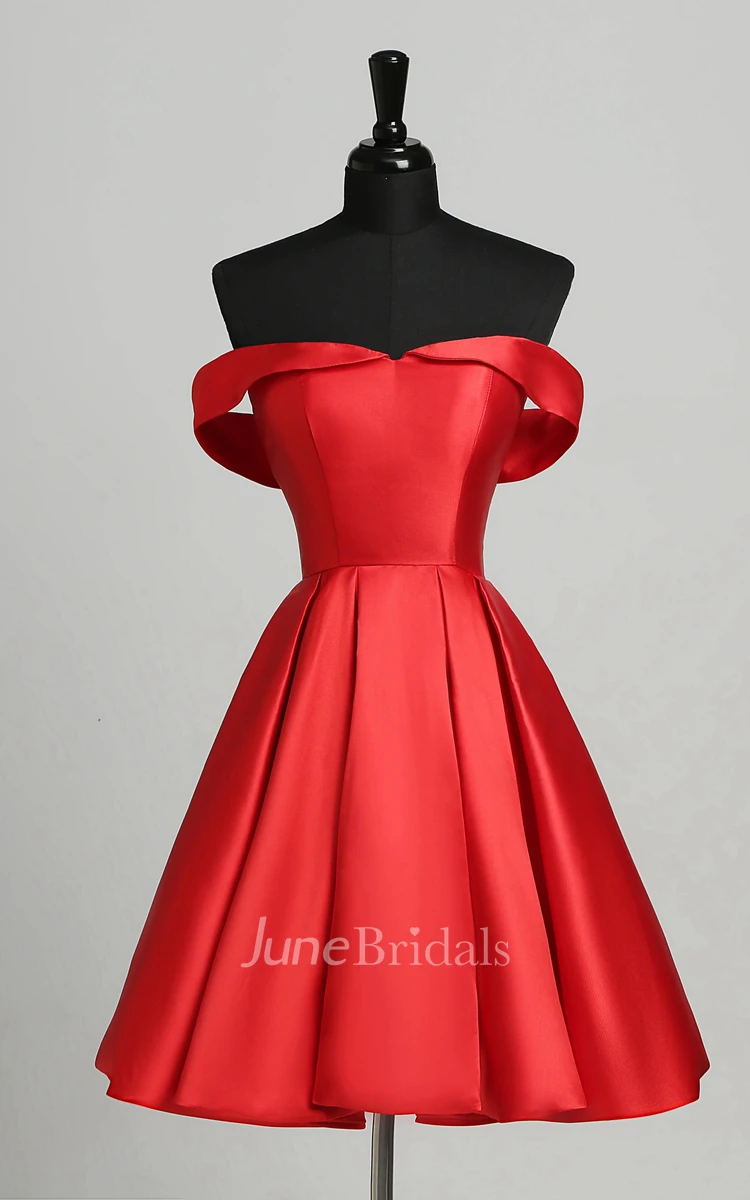 A-Line Off-the-shoulder Satin Elegant Romantic Short Mini Sleeveless Open Back Zipper Dress