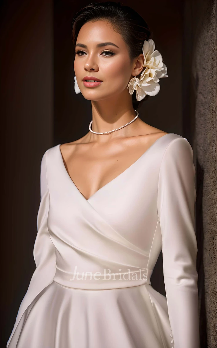 Simple Solid Satin A-Line Long Sleeve V-neck Wedding Dress Vintage Elegant Court Floor-length Button Deep-V Back Bridal Gown with Sash Train