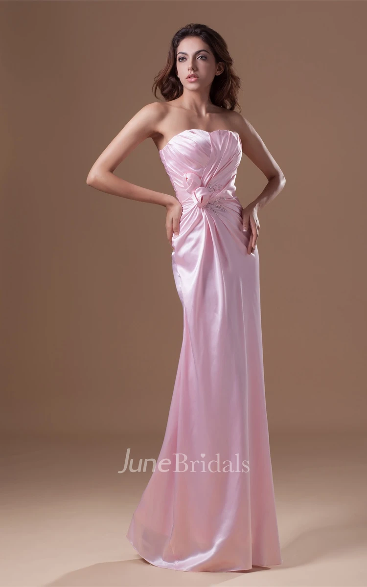 Strapless Satin Ankle-Length Dress with Flower and Beading