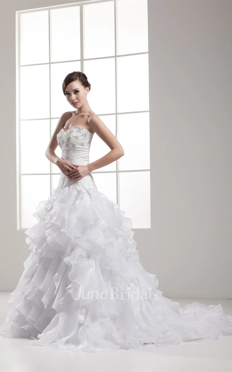 Strapless A-Line Appliqued Gown with Jewels and Ruffles