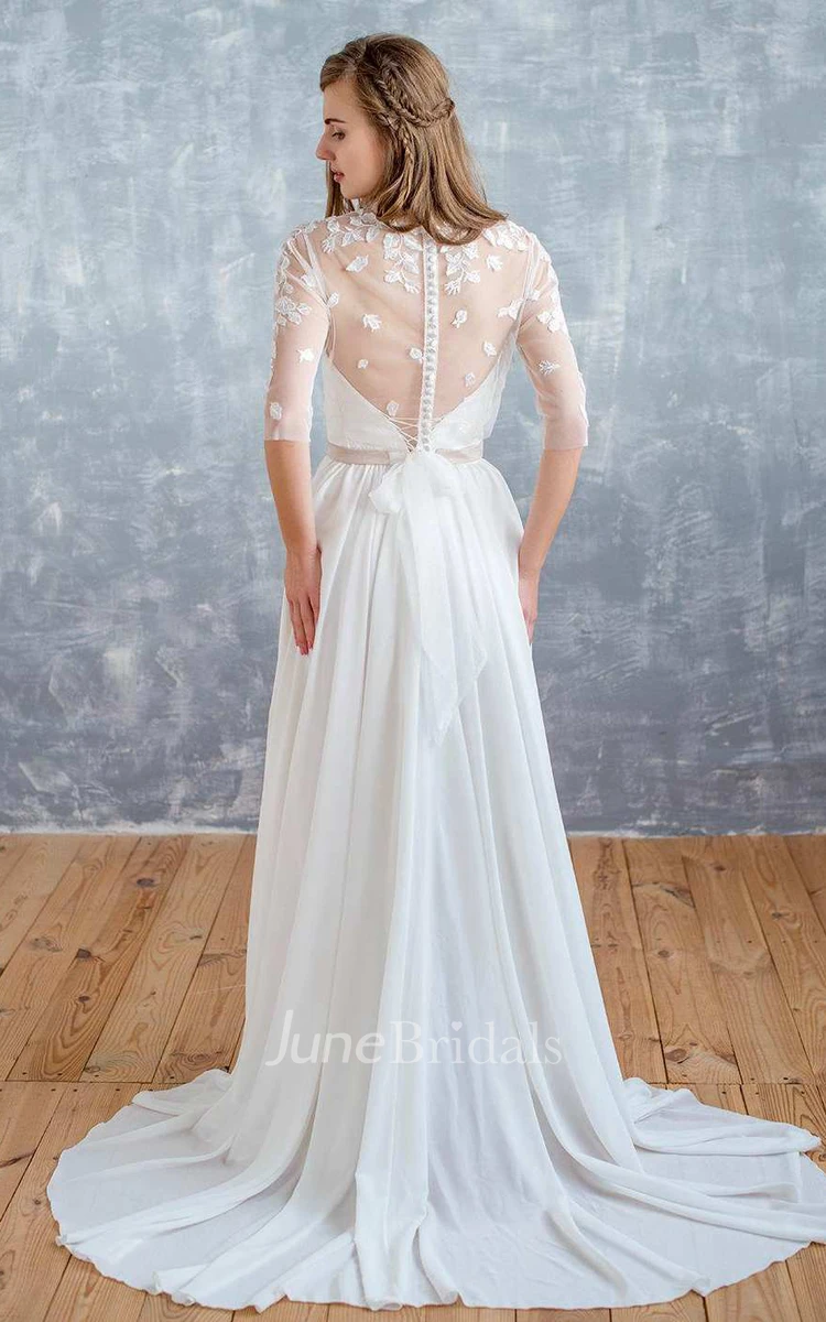 Jewel-Neck Illusion Half Sleeve Chiffon Wedding Dress With Appliques And Bow