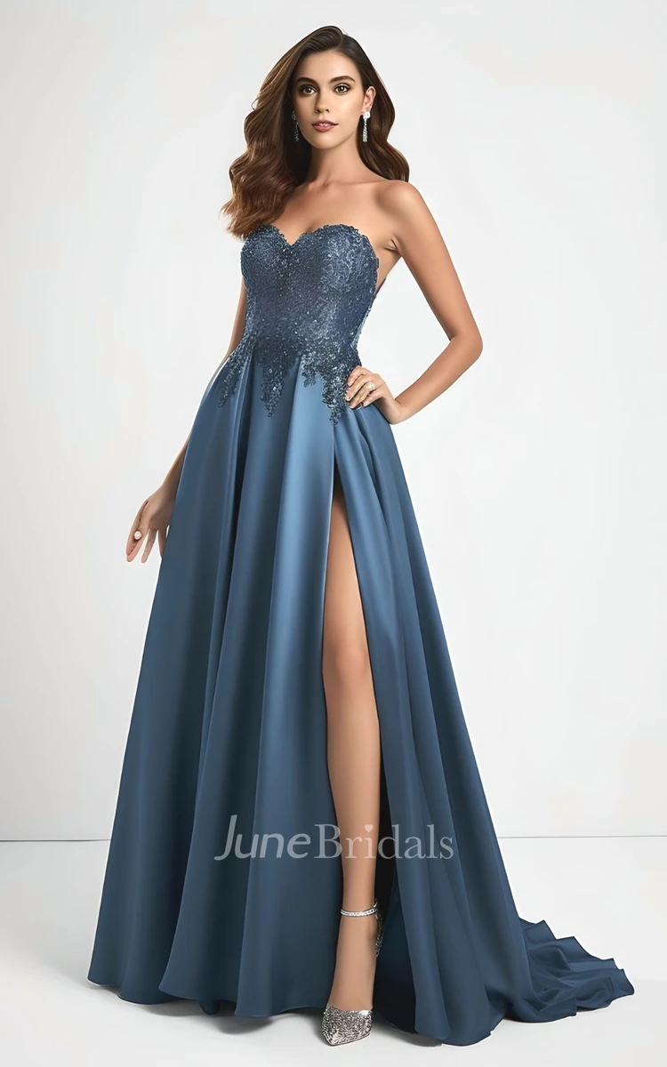 Ethereal A Line Off-the-shoulder Satin Sleeveless Evening Dress with Split Front and Train Sexy Elegant Modern