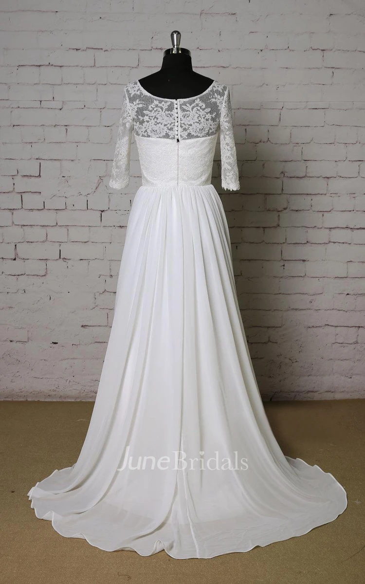 Scoop Neck Half Sleeve A-Line Chiffon Wedding Dress With Lace Bodice