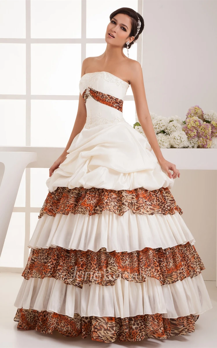 Strapless Leopard Pick-Up Gown with Tiers and Appliques