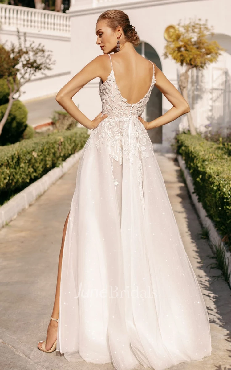 Sexy V-neck Lace A Line Wedding dress With Straps And Open Back
