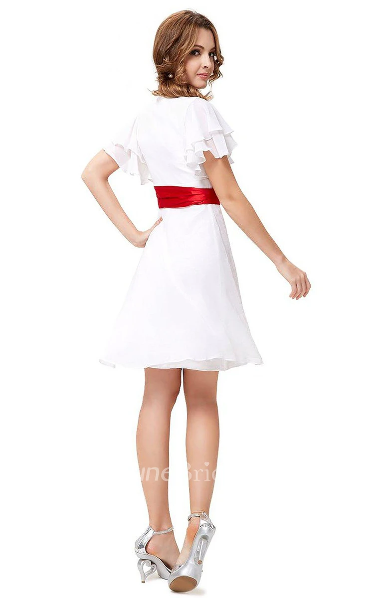 Short-sleeved A-line Chiffon Dress With Bow