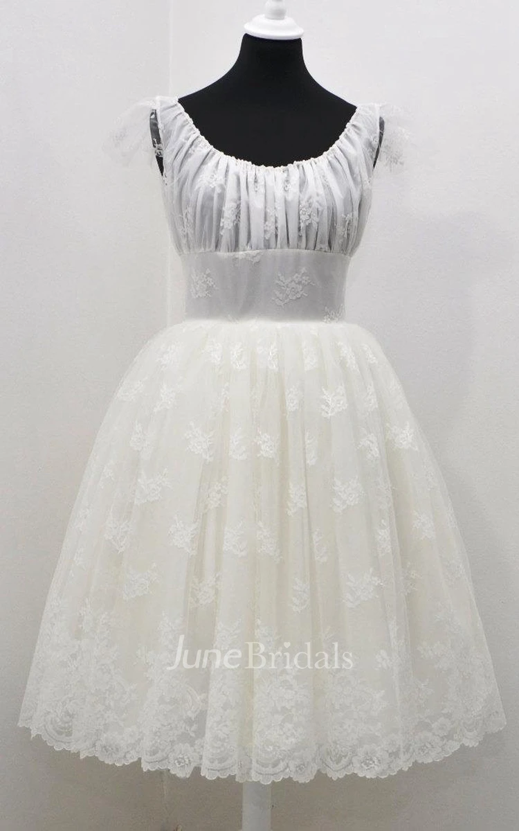Jewel Empire Knee-Length Lace Wedding Dress With Ruching And Cap Sleeve