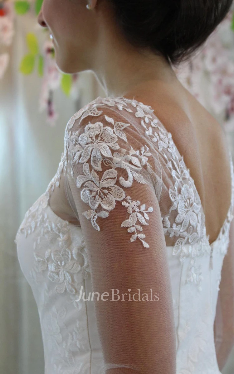 Bateau Neck Long Illusion Sleeve A-Line Wedding Dress With Organza Overlay