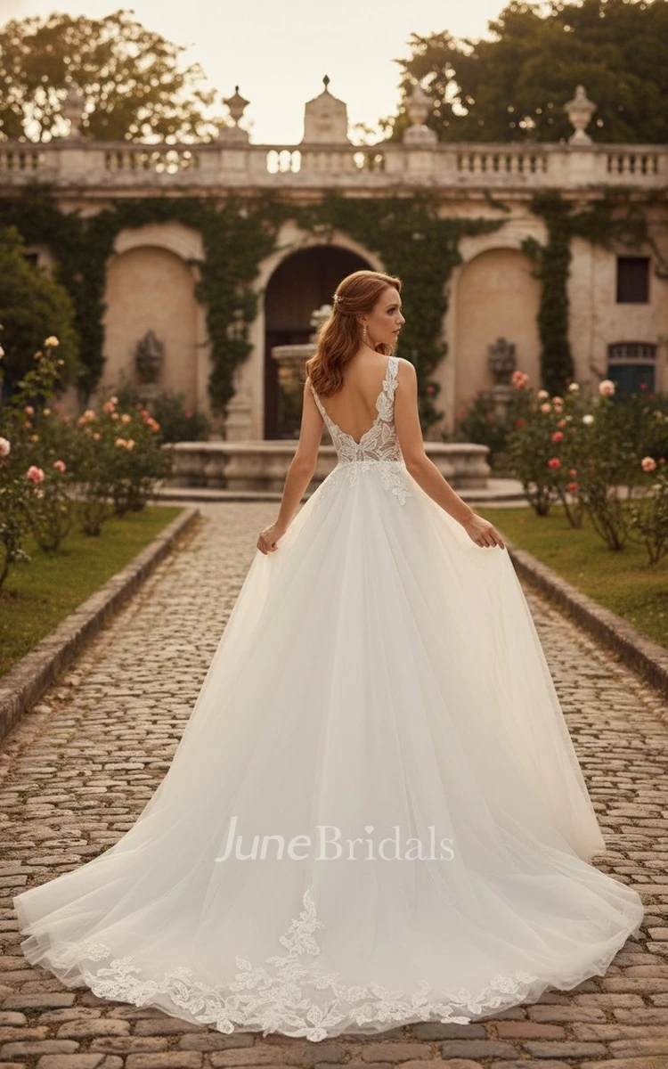 Modern Beach Lace A-Line Sleeveless Wedding Dress Floral Country V-Neck Tulle Bridal Gown