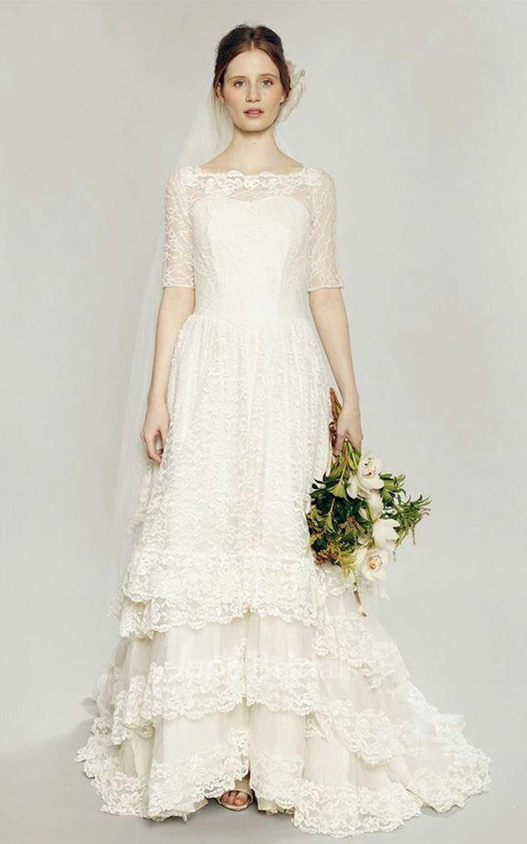 Vintage Jewel Neck Short Sleeve Lace Wedding Dress With Tiers