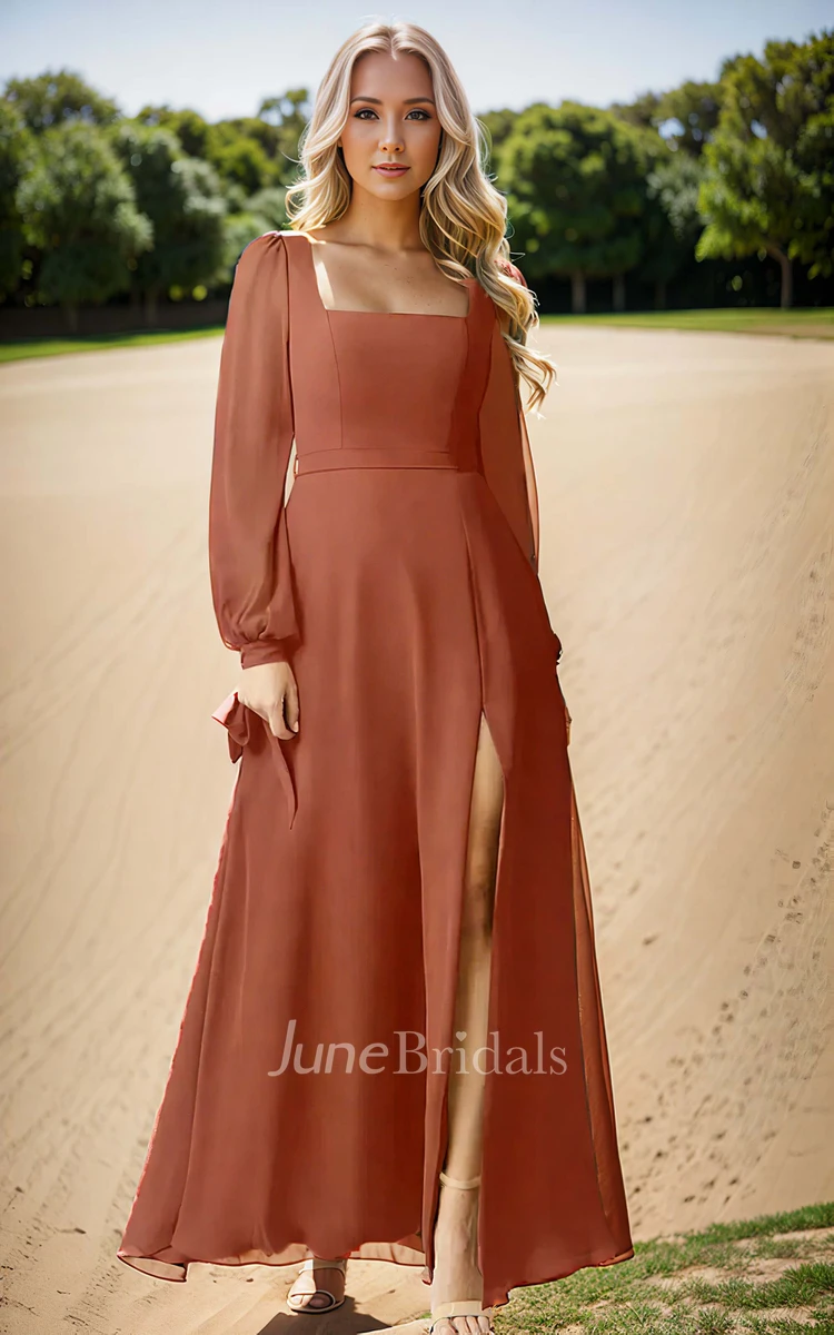 Vintage Elegant Chiffon Square Neck A-Line Bridesmaid Dress Simple Solid Puff Long Sleeve Floor-length Zipper Back Sash Split Bridesmaid Gown