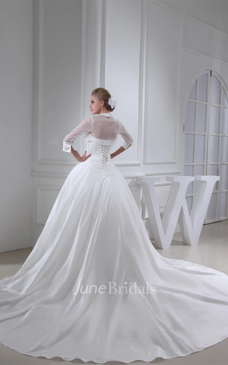 Ruched A-Line Collared Ball Gown with Broach and Illusion Sleeve