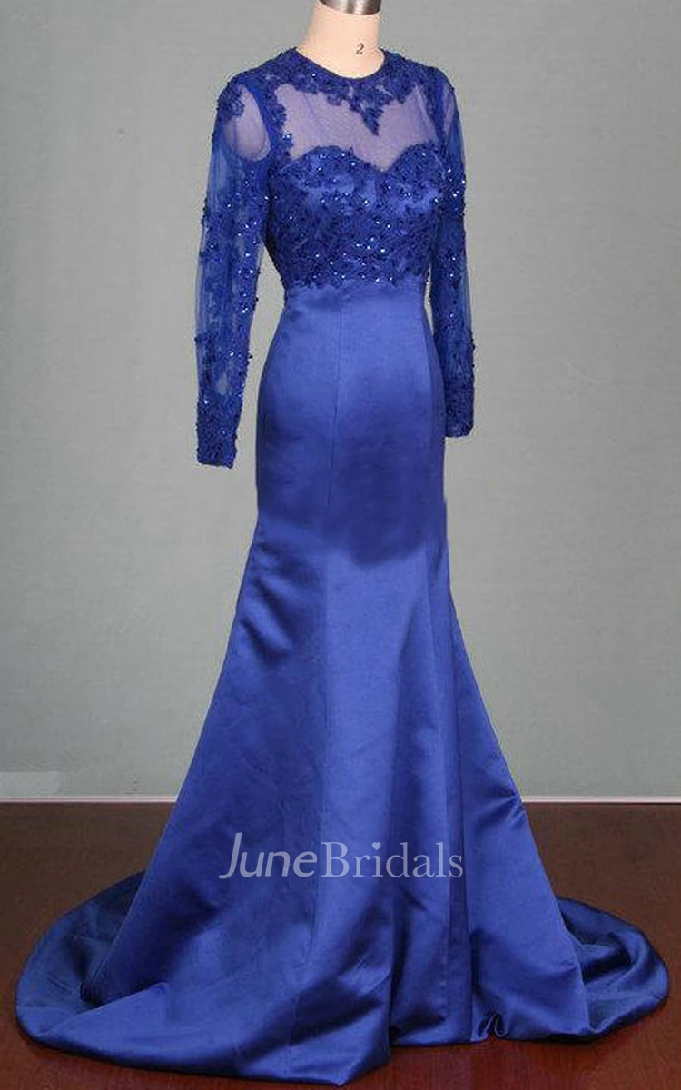 Long Sleeve Lace&Satin Dress With Beading&Sequins&Appliques