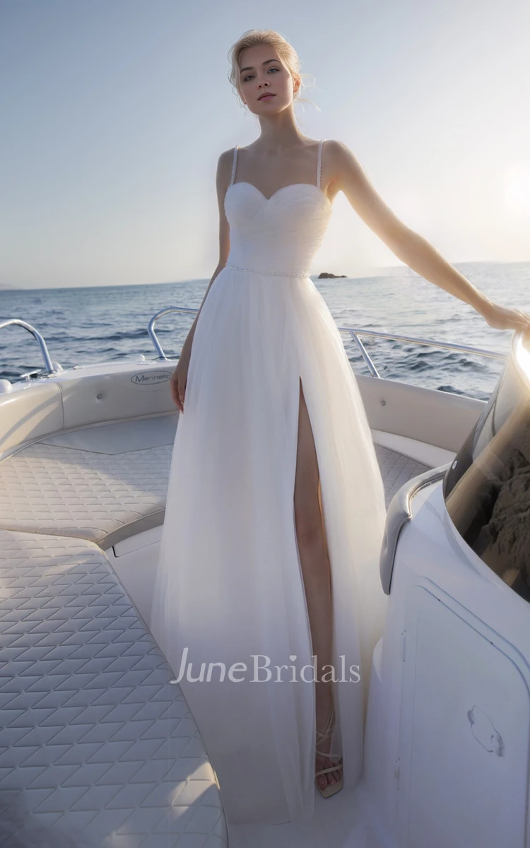 Elopement Modern Spaghetti Wedding Dress Sweetheart Ruching Front Slit Gown