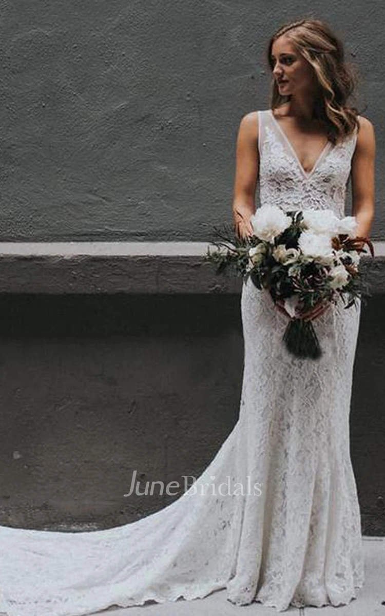 Sheath V-neck Lace Floor-length Chapel Train Sleeveless Wedding Dress
