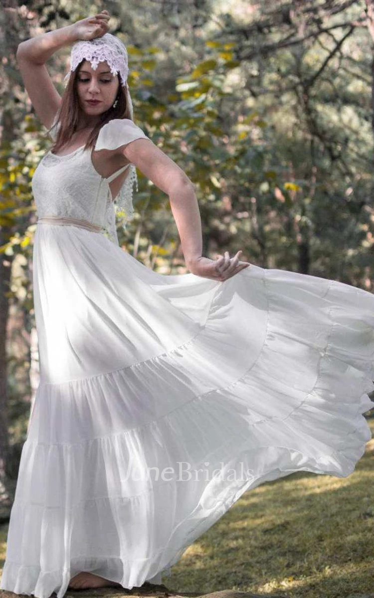 Scoop-Neck Poet-Sleeve Chiffon Wedding Dress With Lace And Bow