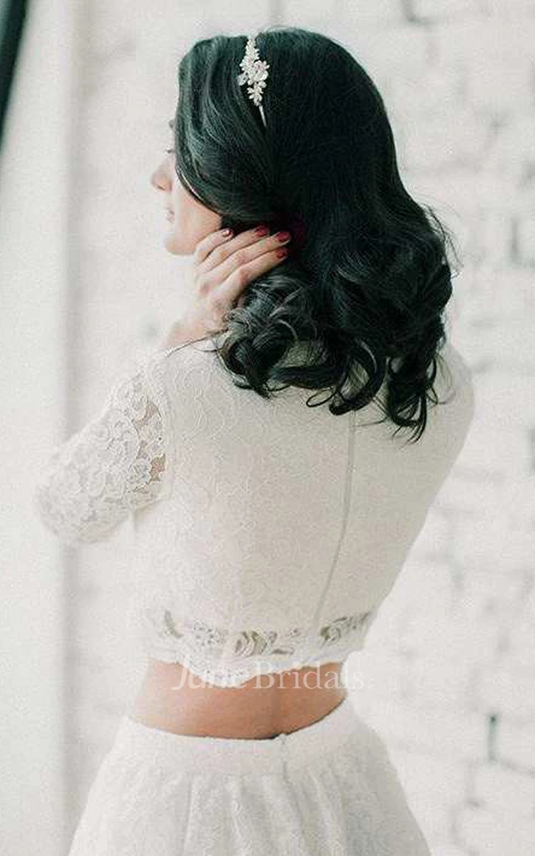 Jewel-Neck Lace 3-4-Sleeve Two-Piece A-Line Wedding Dress and Handmade Flowers Leaves Vine Rhinestones Crystal Soft Band