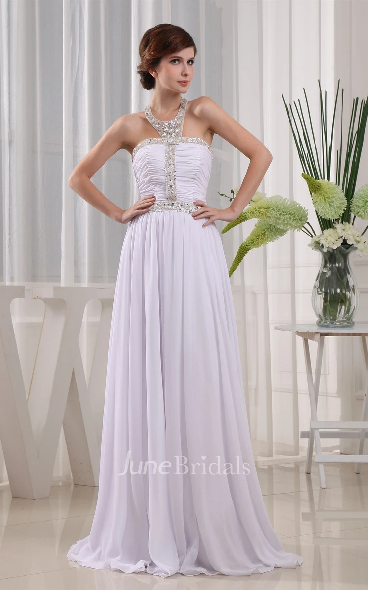 Sleeveless High-Neck Ruched Dress with Pleats and Crystal Detailings