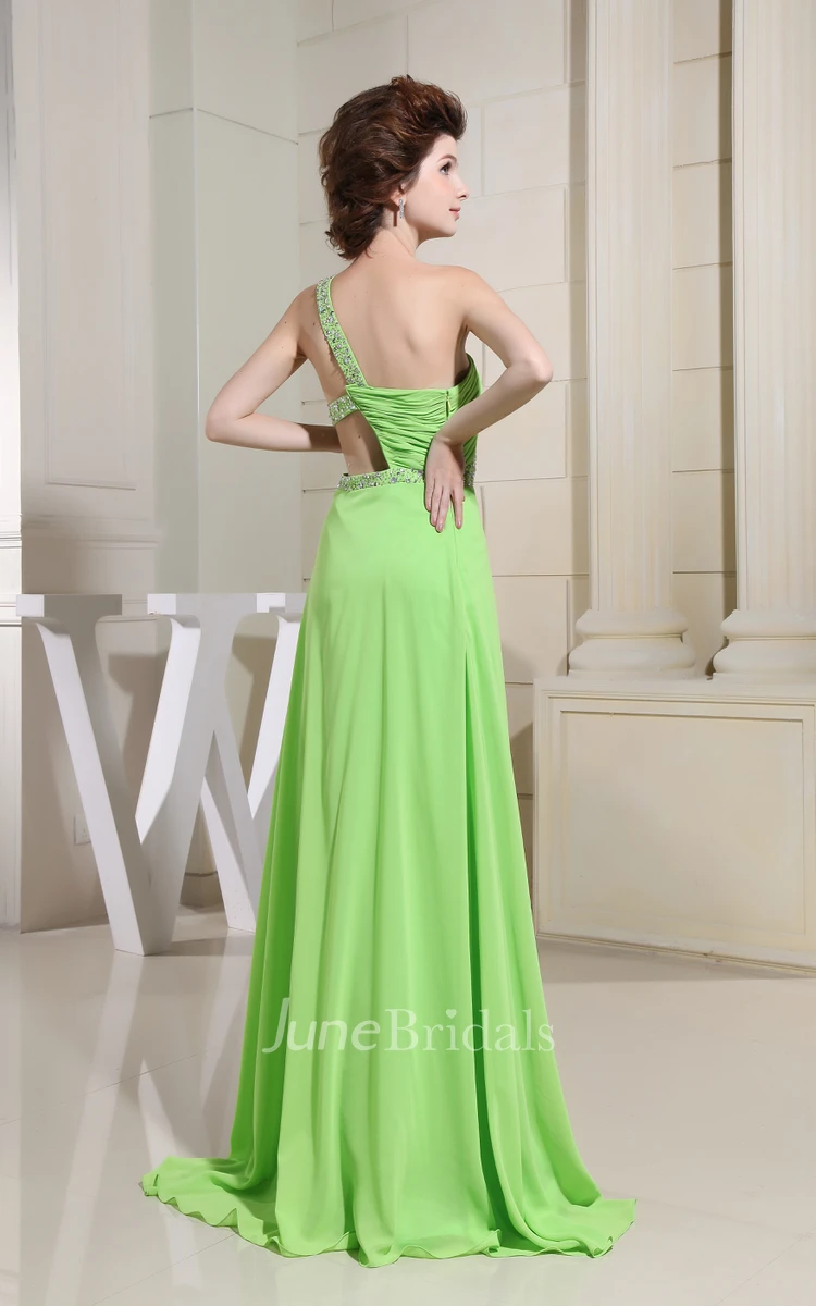 Asymmetrical Chiffon Beaded Dress With Side Slit and Single Strap