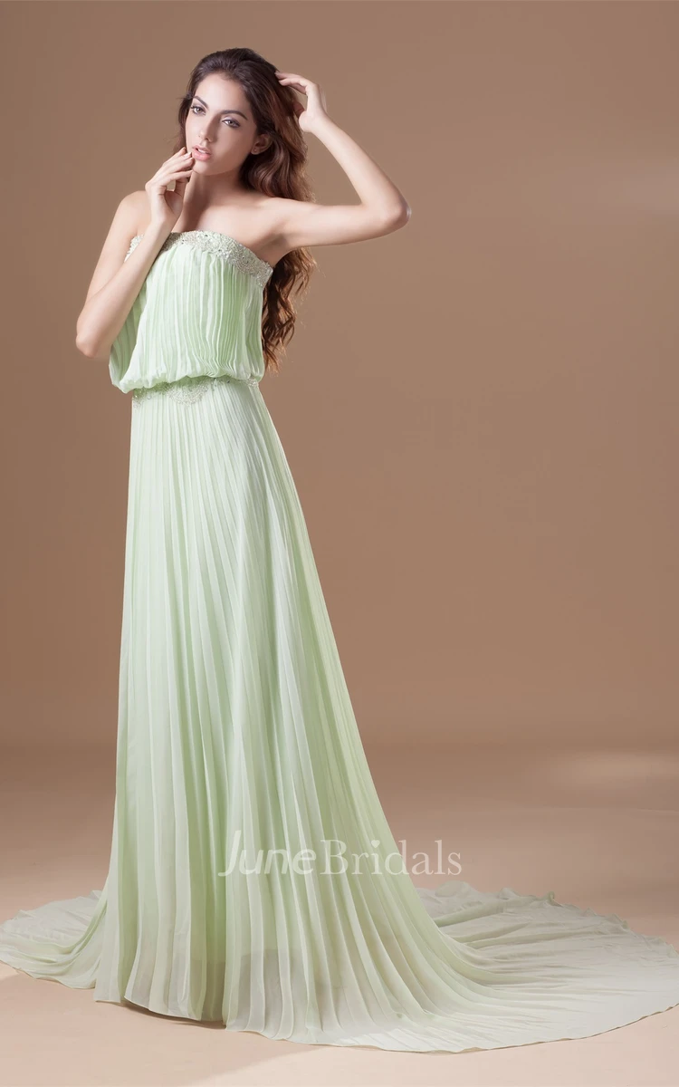 strapless a-line long pleated dress with sweep train and beading