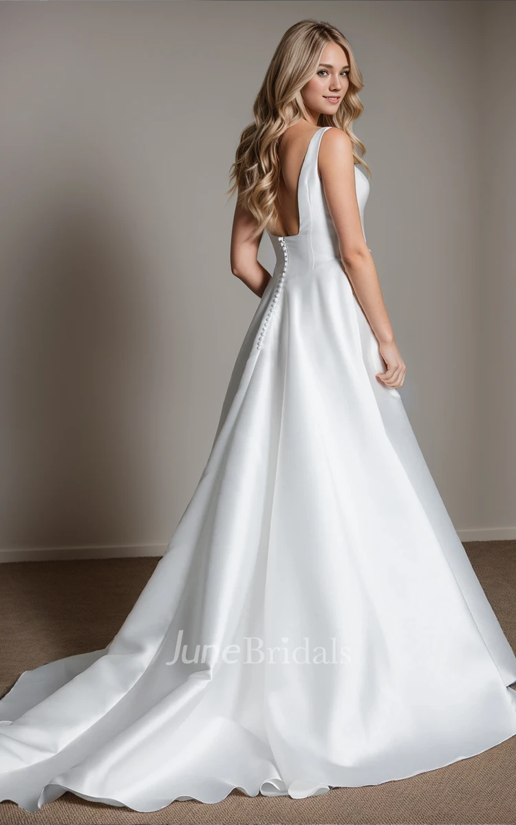 Modern Elegant Square Straps Neck A-Line Floor-length Satin Wedding Gown Simple Solid Sleeveless Draping Pleats with Train Zipper Back with Button Bridal Dress